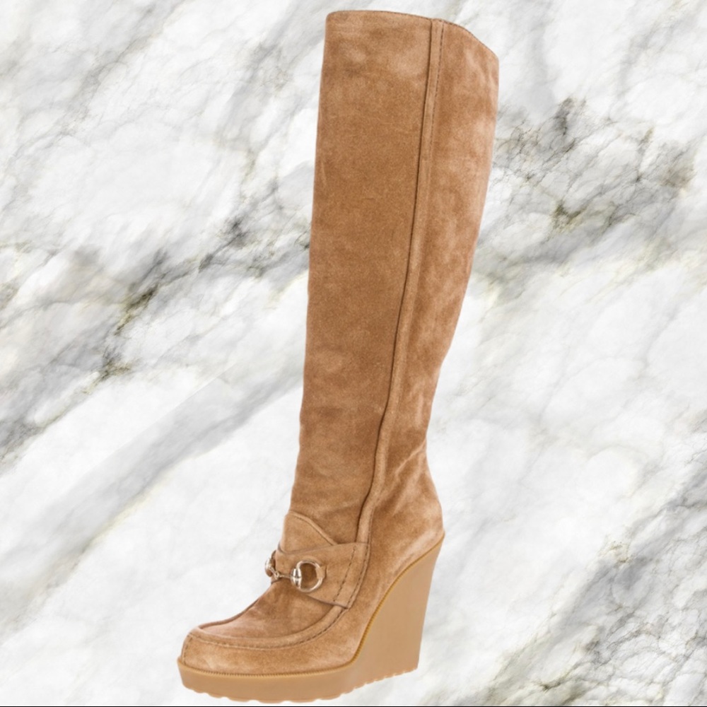 New In Box Gucci Wedge tall suede boot